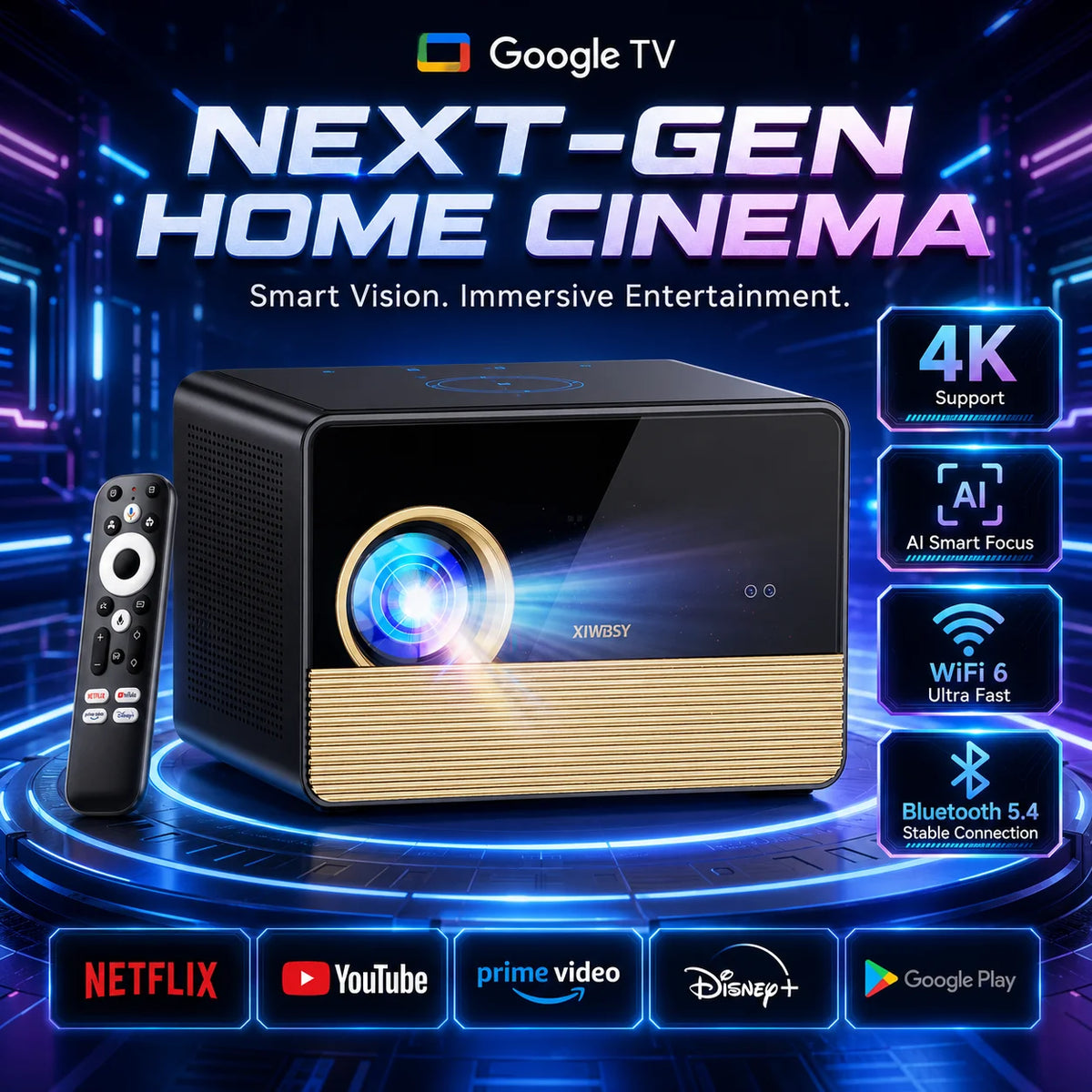 Proyector de cine doméstico compacto negro con franja dorada y lente circular