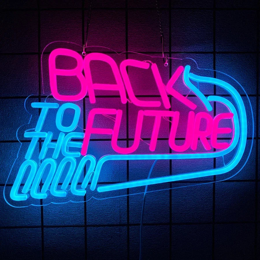 Letrero LED neón de pared «Back to the Future» en rosa y azul, con contorno curvo
