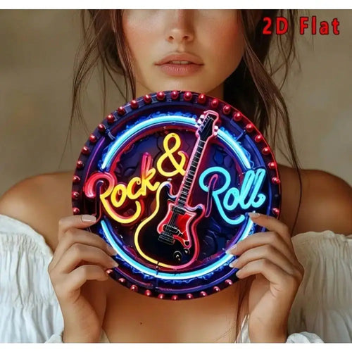 Señal redonda LED Rock & Roll con guitarra, letras multicolor y borde de luces