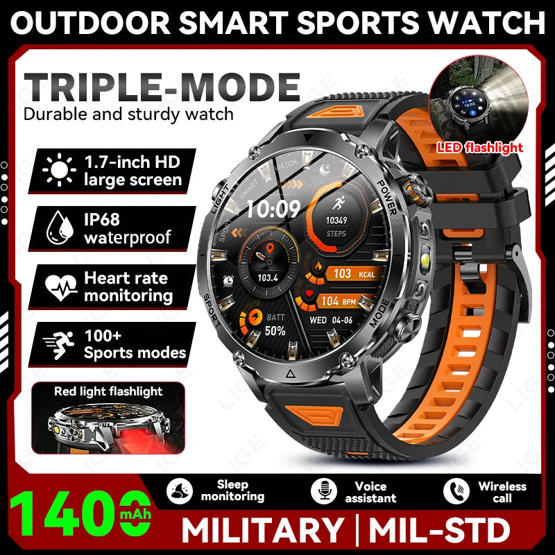 Reloj inteligente militar LIGE TANK Ultra con batería de 1400mAh, resistente al agua 10ATM, frecuencia cardíaca, linterna, pulsera deportiva para hombre y mujer