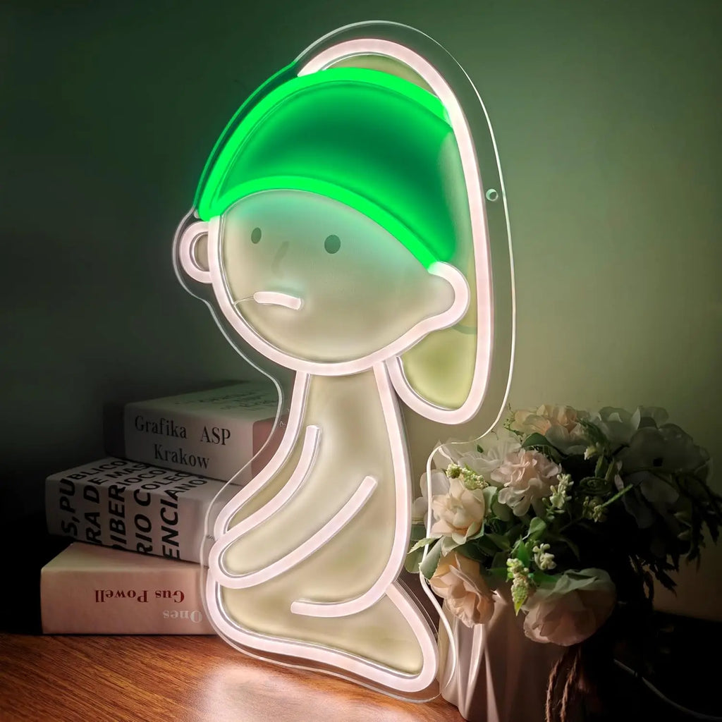Señal LED de neón USB con figura cartoon, contorno blanco y luz verde