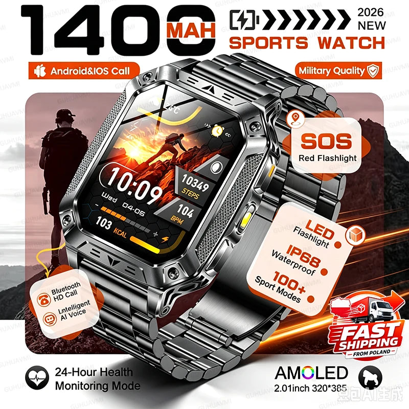 2026 HOT Upgraded Military Smart Watch Possess1400mAh Battery Capacity Outdoor IP68 Waterproof SOS Red And White LED Flashlight 100+Sport HD Call 2.01 inch Screen Watch