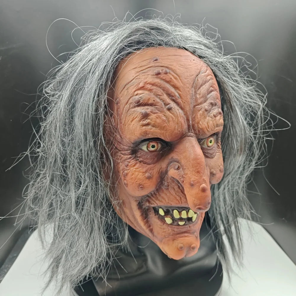 Máscara de bruja detallada con cabello gris, máscara de terror para disfraz de Halloween/fiesta/actuación en escenario