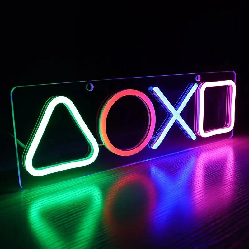 Letrero neón LED para pared con símbolos de juego: triángulo, círculo, X y cuadrado