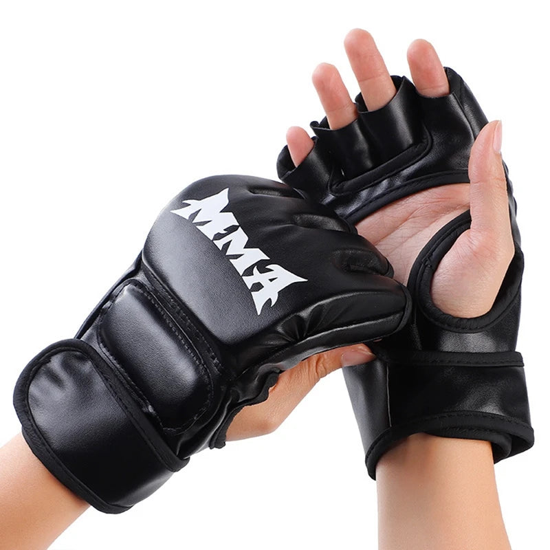 Guantes de boxeo de medio dedo de PU, guantes de cuero PU para lucha MMA, Kick Boxing, Karate, Muay Thai, guantes de entrenamiento, equipo de entrenamiento