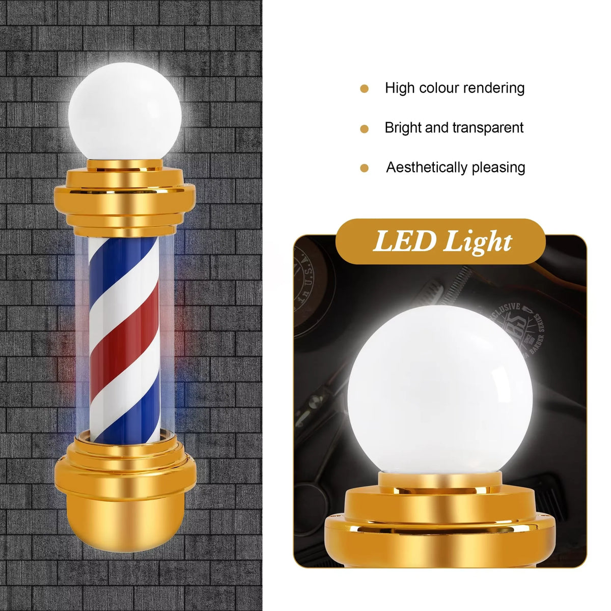 Luz LED para pared tipo poste de barbero dorado, con bombilla y franjas rojo/azul