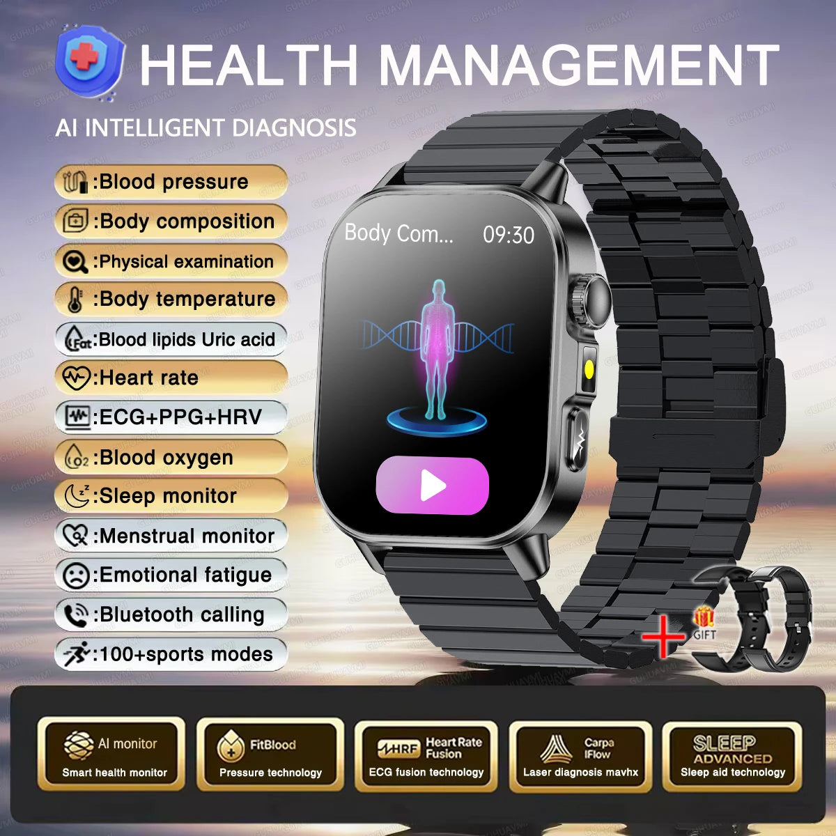 2026 Nuevo y preciso diagnóstico Reloj inteligente ECG oxígeno en sangre PA Ácido úrico Lípidos Salud HD AMOLED Pantalla para llamadas Reloj inteligente Hombres Mujeres