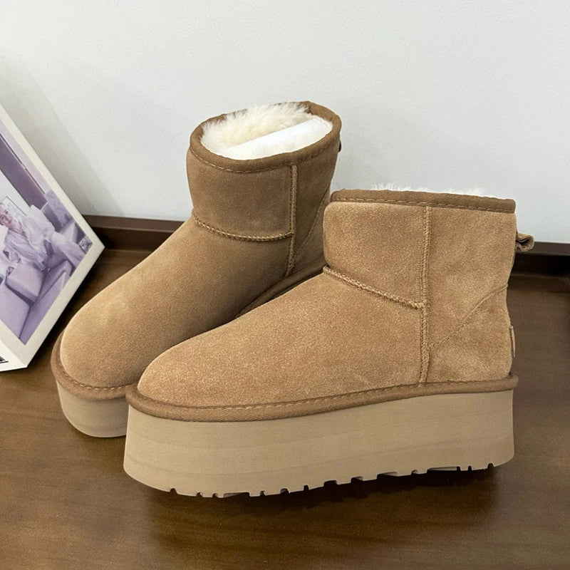Botas de nieve clásicas de mujer, modelo 2027, nuevas, de invierno, cálidas, de lana, con suela gruesa, de cuero genuino y piel.