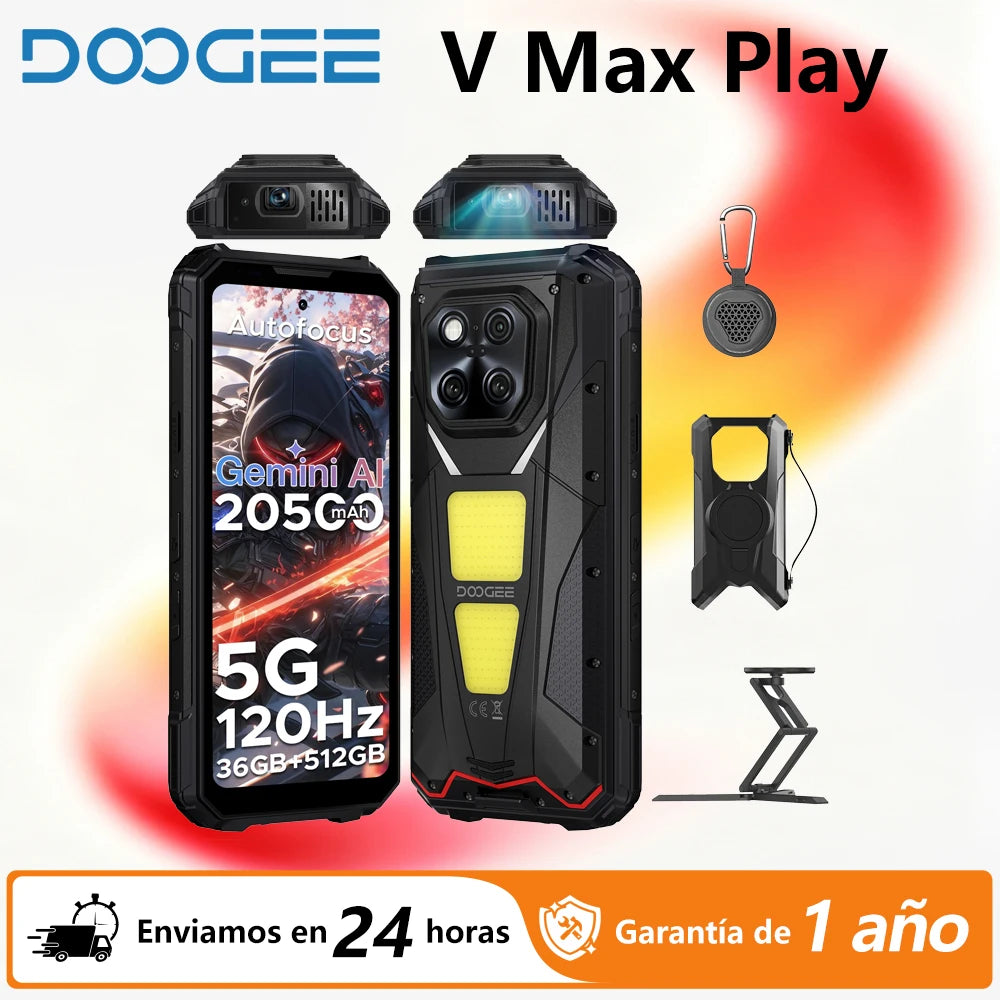 Teléfono robusto DOOGEE V Max Play 5G con proyector, pantalla de 6.78", batería de 20500mAh, luces de camping duales, Dimensity 7300, NFC, smartphone con proyector