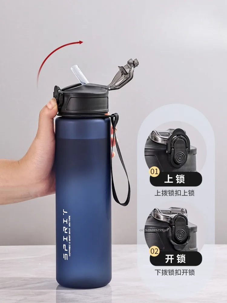 Botella de agua de 750ml con marcador de tiempo de paja, jarra de agua de plástico motivacional a prueba de fugas de gran capacidad para gimnasio, viajes, deportes al aire libre