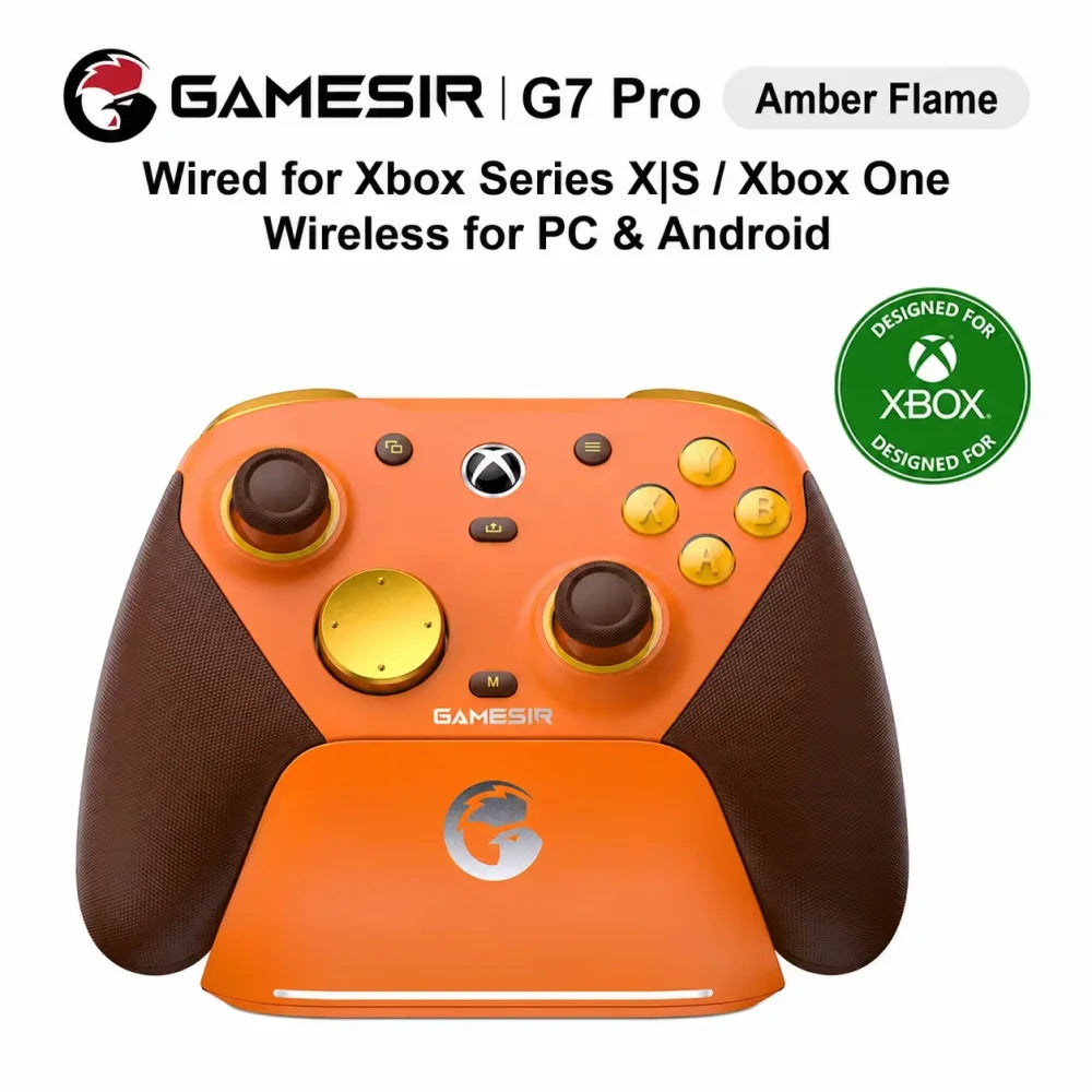 Mando naranja para Xbox con joysticks, cruceta y botones frontales dorados