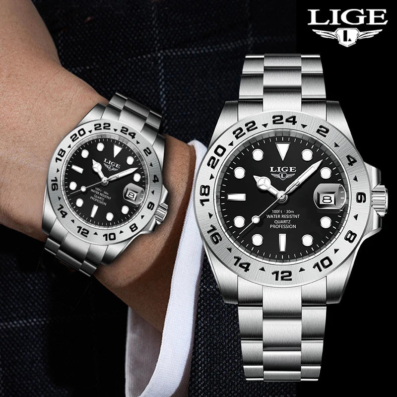 Reloj de cuarzo para hombre marca LIGE 2026, reloj de pulsera de acero inoxidable, resistente al agua 30M, con esfera luminosa, fecha, estilo casual y deportivo para hombre.