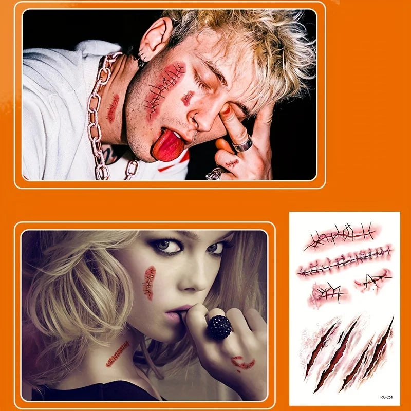 5/10 Uds. Pegatinas de tatuaje temporal de cicatriz de Halloween, tatuaje facial de coágulo de sangre roja, regalos de Cosplay impermeables para hombres y mujeres, decoración de fiesta