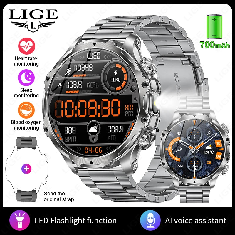 Reloj inteligente deportivo para exteriores LIGE AK75 para hombre, linterna, batería grande de 700 mAh, llamadas por Bluetooth, luz LED, rastreador de actividad física, reloj inteligente