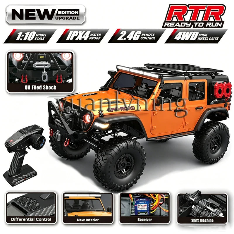 Coche RC 1/10 vehículo a control remoto 2.4G rock crawler de escala completa, camión todoterreno 4WD para escalar con luz LED