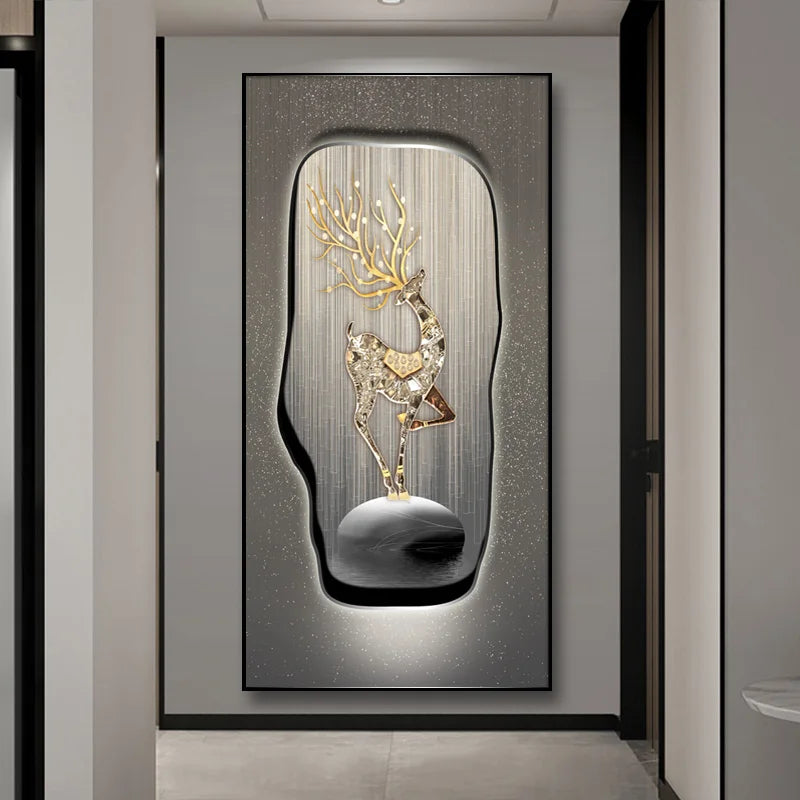 Cuadro decorativo LED con ciervo dorado, borde negro, fondo gris moteado con brillo