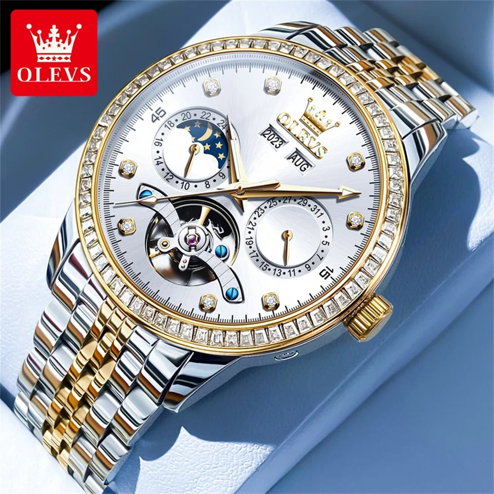 Reloj automático de lujo OLEVS 7016 para hombre, esqueleto, tourbillon, fase lunar, calendario, resistente al agua, reloj de pulsera mecánico de acero inoxidable