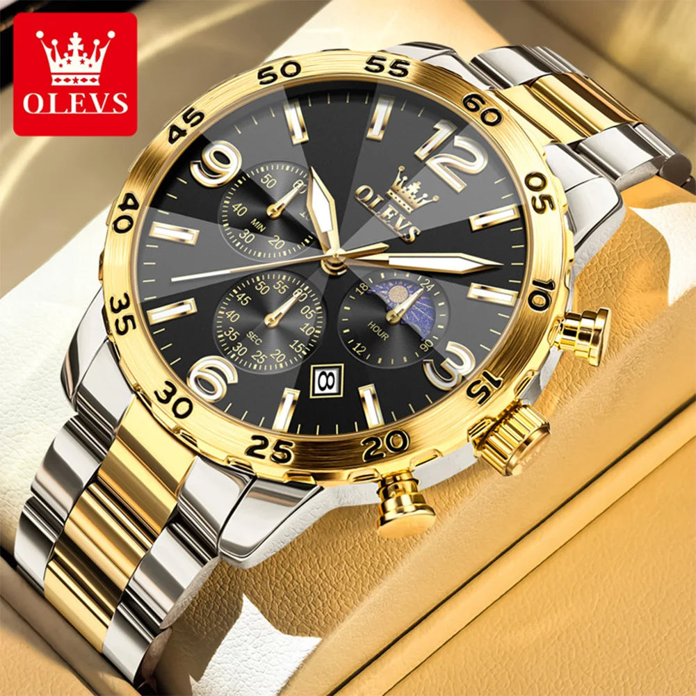 Reloj para hombre OLEVS 3678, reloj de cuarzo original de acero inoxidable, impermeable, luminoso, con fase lunar y calendario automático, regalo para hombre