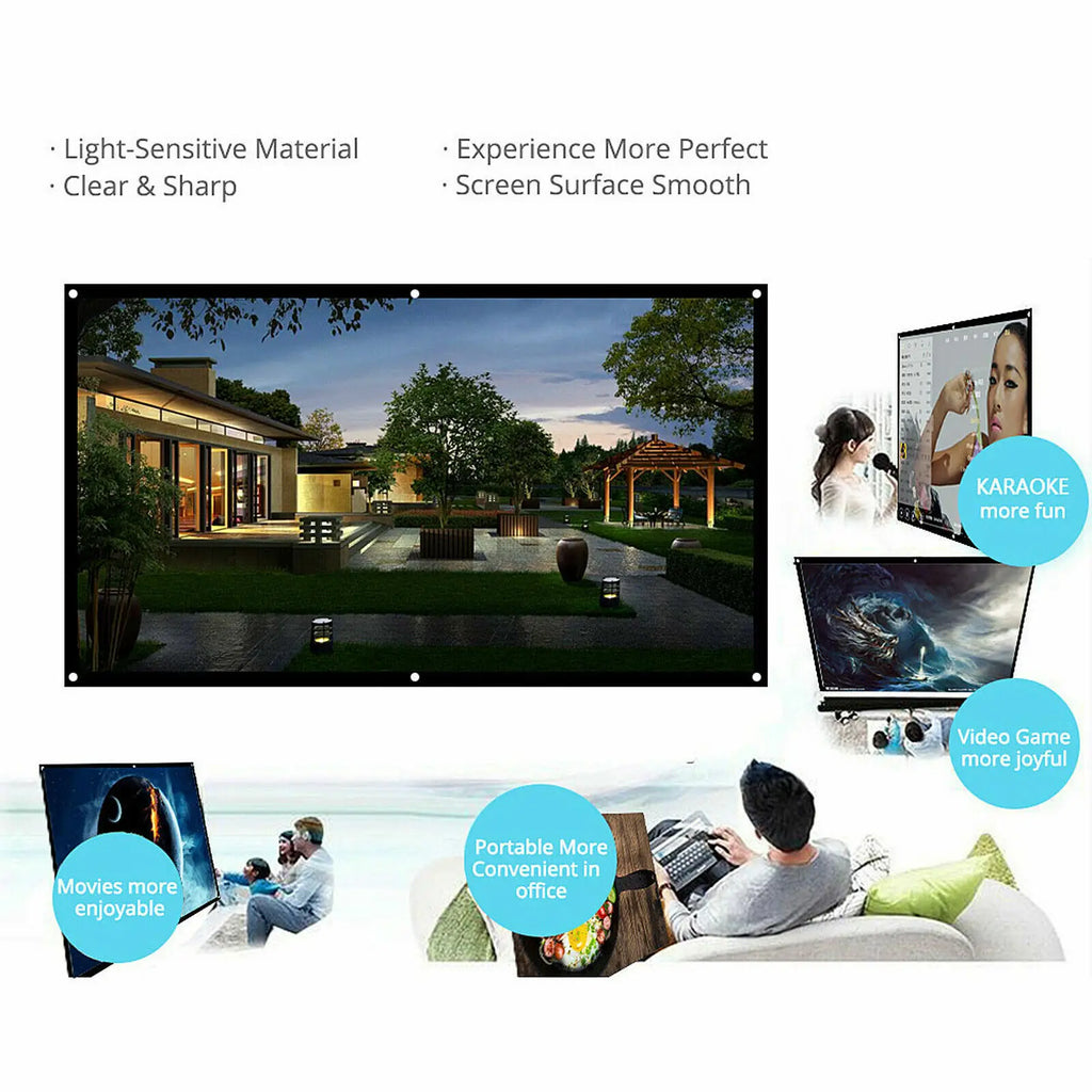 Pantalla de proyección rectangular con borde negro y ojales, superficie blanca