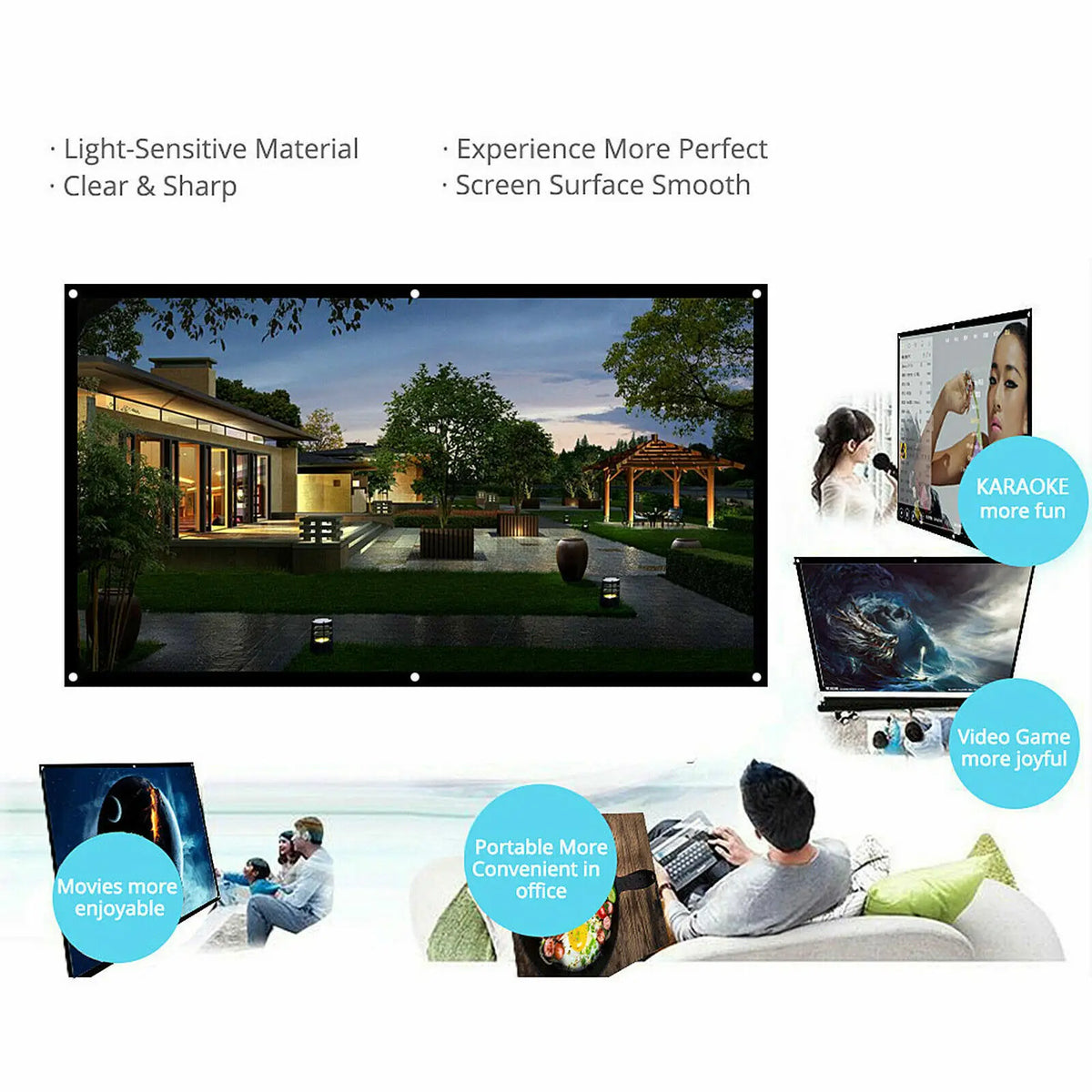 Pantalla de proyección rectangular con borde negro y ojales, superficie blanca