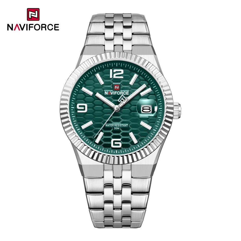 Reloj NAVIFORCE para hombre, de negocios, con esfera redonda, acero inoxidable, textura de panal, fecha, manecillas luminosas, cuarzo resistente al agua