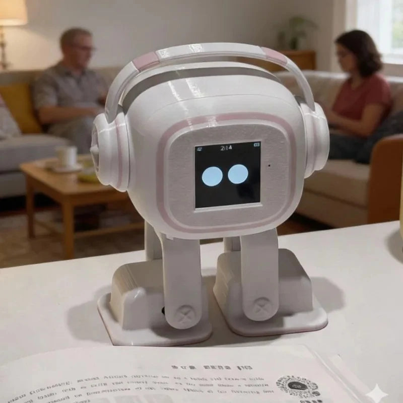 Robot de escritorio blanco con auriculares, pantalla oscura y dos luces azules, en sala.