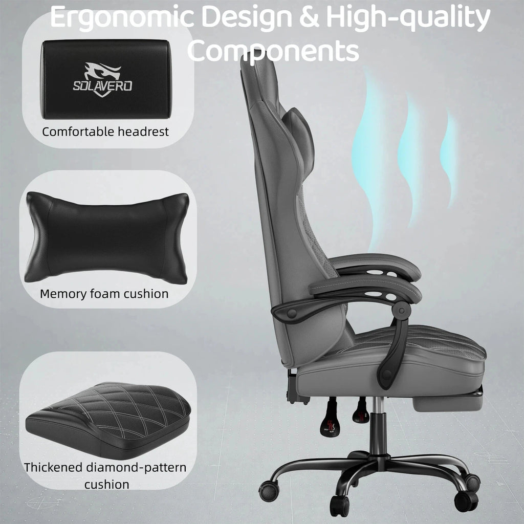 Silla gaming ergonómica gris con reposacabezas, reposabrazos y base giratoria