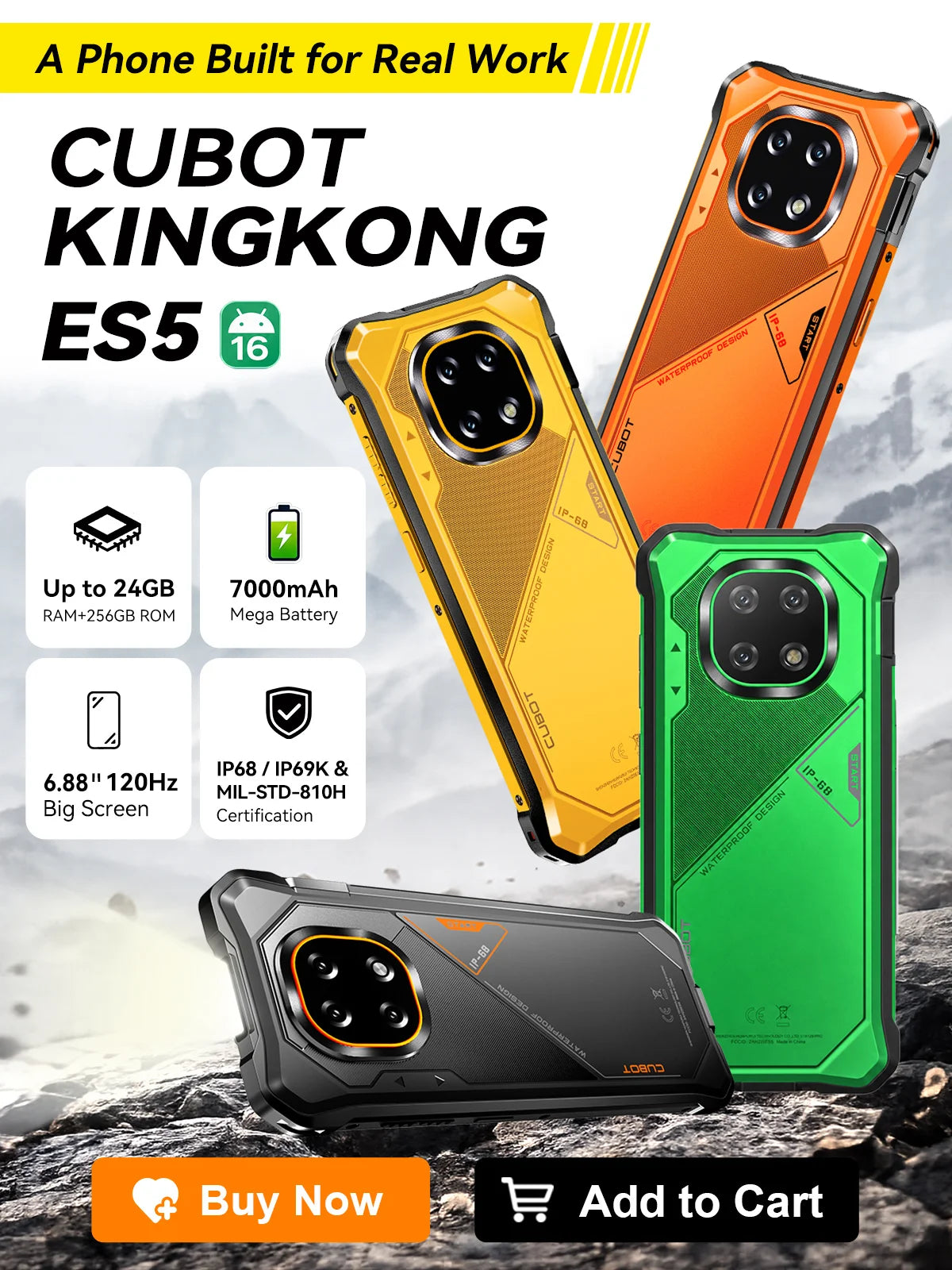 Smartphone Android Cubot King Kong ES 5, pantalla de 6.88" a 120Hz, hasta 24GB de RAM (12+12GB), 256GB de ROM, teléfono resistente, batería de 7000mAh