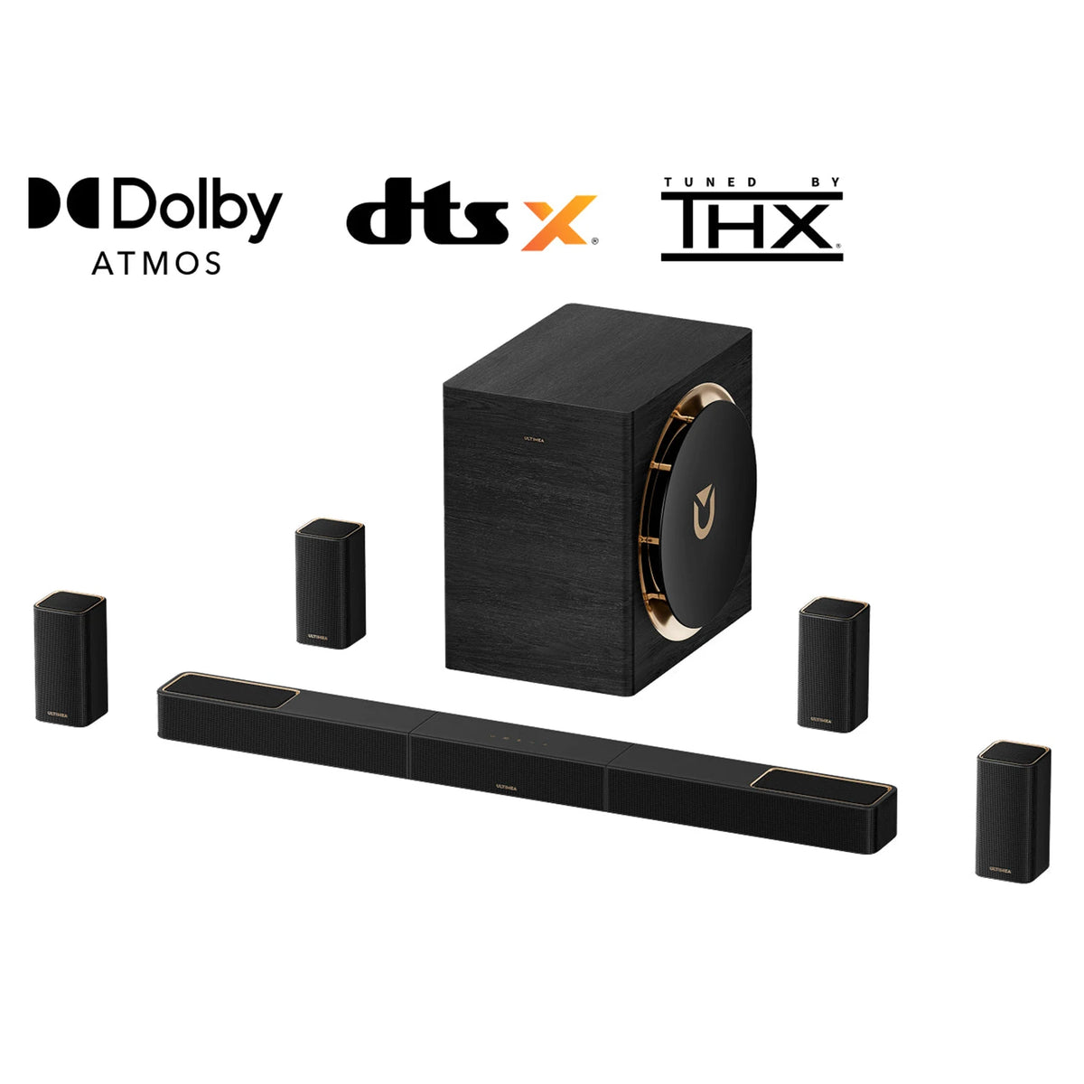 Barra de sonido negra con subwoofer inalámbrico y cuatro satélites, conjunto Dolby Atmos.