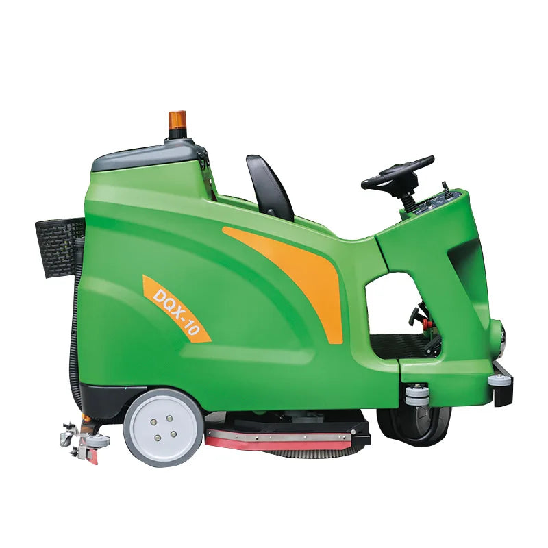 Robot barredor de suelos verde con cepillos frontales y depósito negro, vista lateral