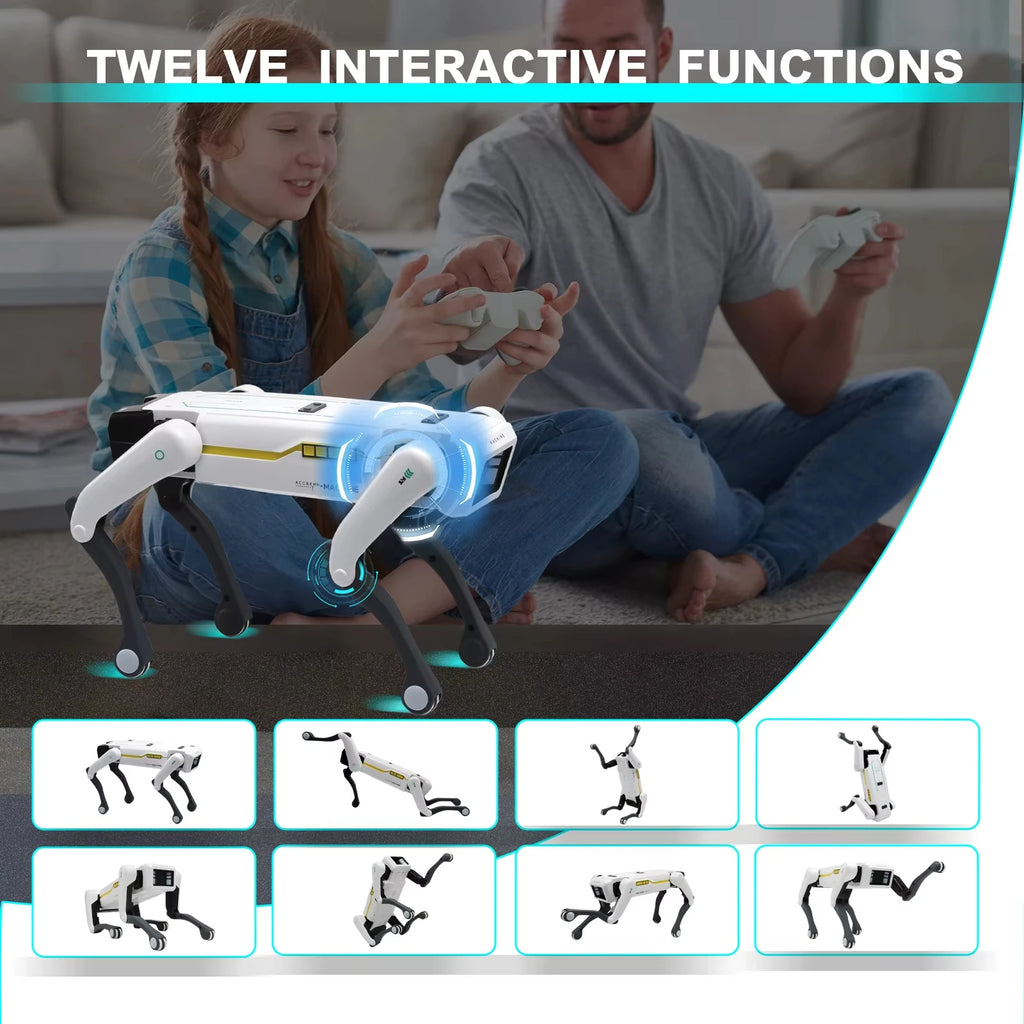 Perro robot a control remoto con clip de saludo, inteligencia artificial (IA), sistema dual, programación por aplicación y juguete robot de acrobacias