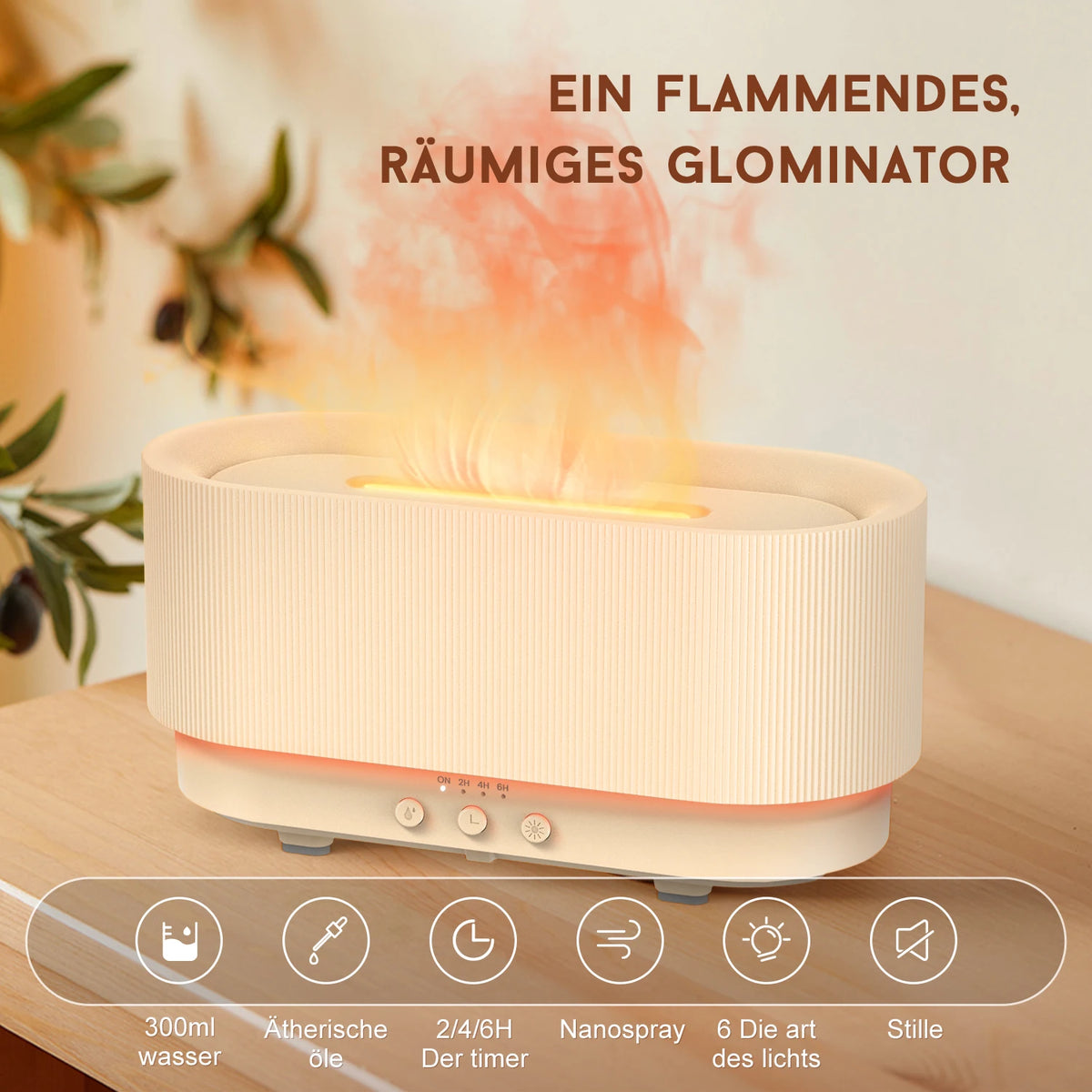 Humidificador de Aire y Difusor de Aceites Esenciales con Luz LED de Llama, Humidificador de Vapor Frío, Vaporización Temporizada, Apagado Automático, Difusor de Fragancia Automático
