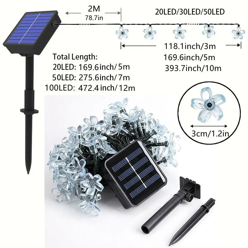 Guirnalda de luces LED solares para exteriores con flores de cerezo, 8 modos de iluminación, decoración solar para camping, jardín y Navidad