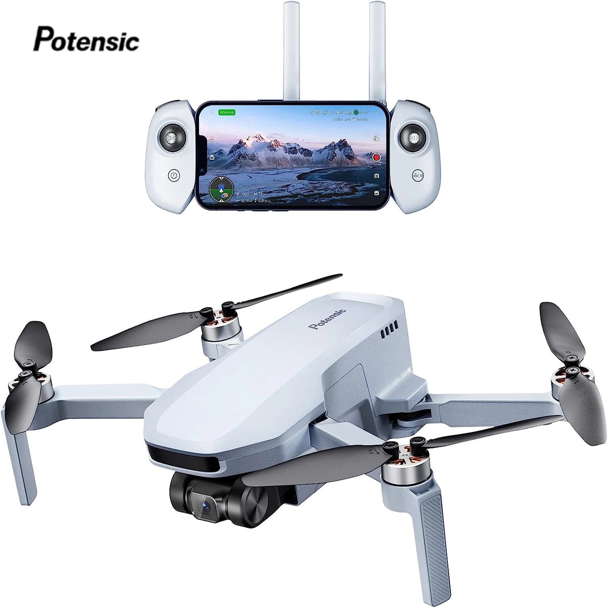 Dron Potensic ATOM SE gris y blanco con control remoto y pantalla desplegable