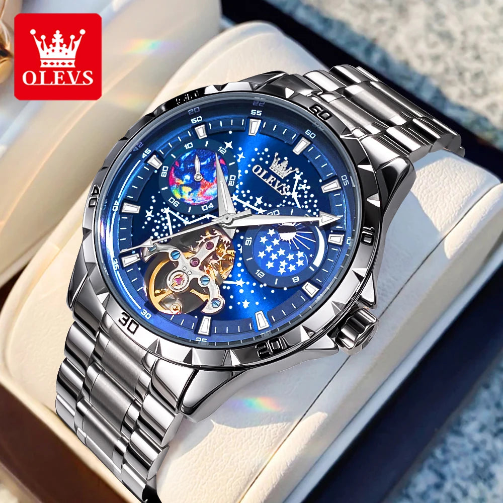 Reloj automático OLEVS con esfera esqueleto de volante para hombre, reloj de pulsera mecánico de negocios, impermeable, con diseño de cielo estrellado y luminiscente