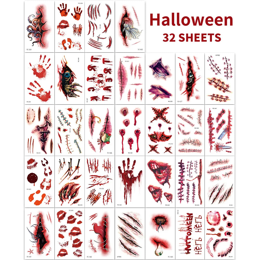 32 Uds. Tatuajes temporales de cicatriz falsa 3D de Halloween-diseños de heridas sangrientas y zombis para cara/cuerpo, fiesta de disfraces, broma y Cosplay