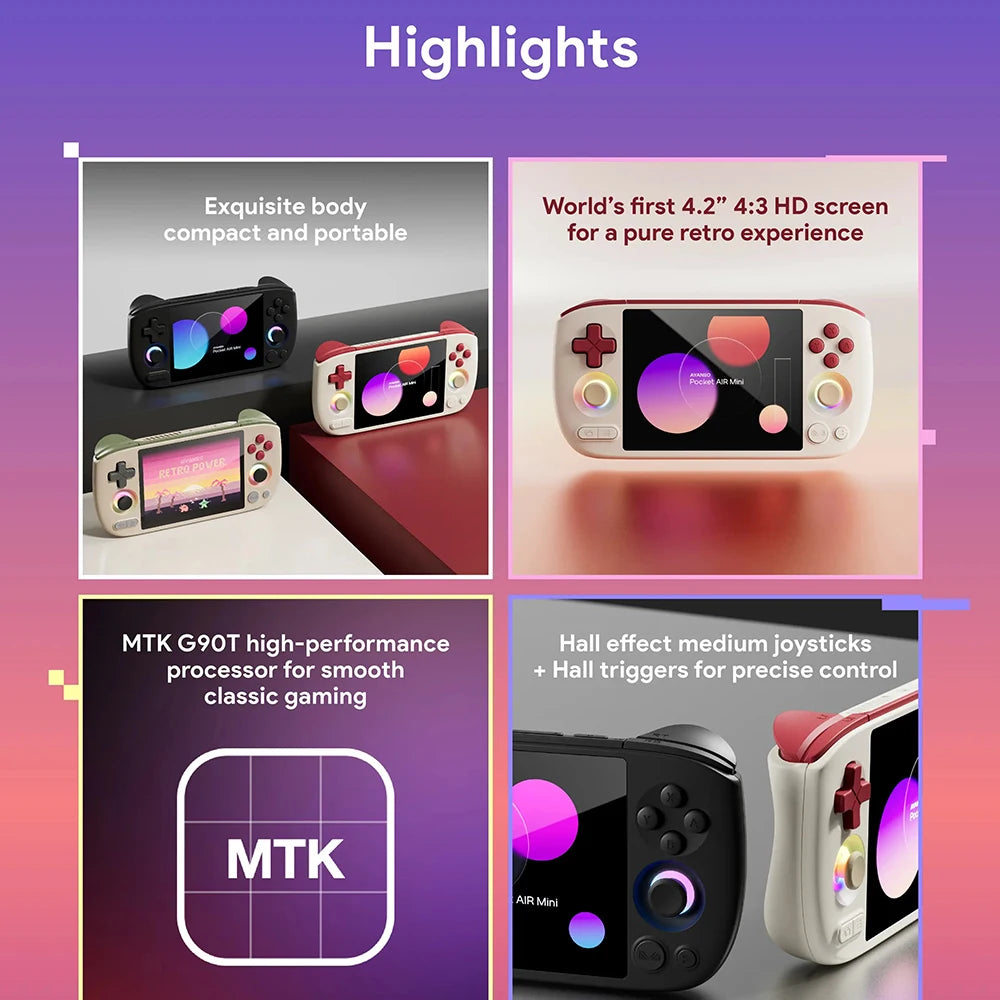 AYANEO Pocket Air Mini Retro Handheld Game Console 4.2 Inch Screen MTK Helio G90T Processor Hall Joystick Portable Pocket Android Retro Gaming Console