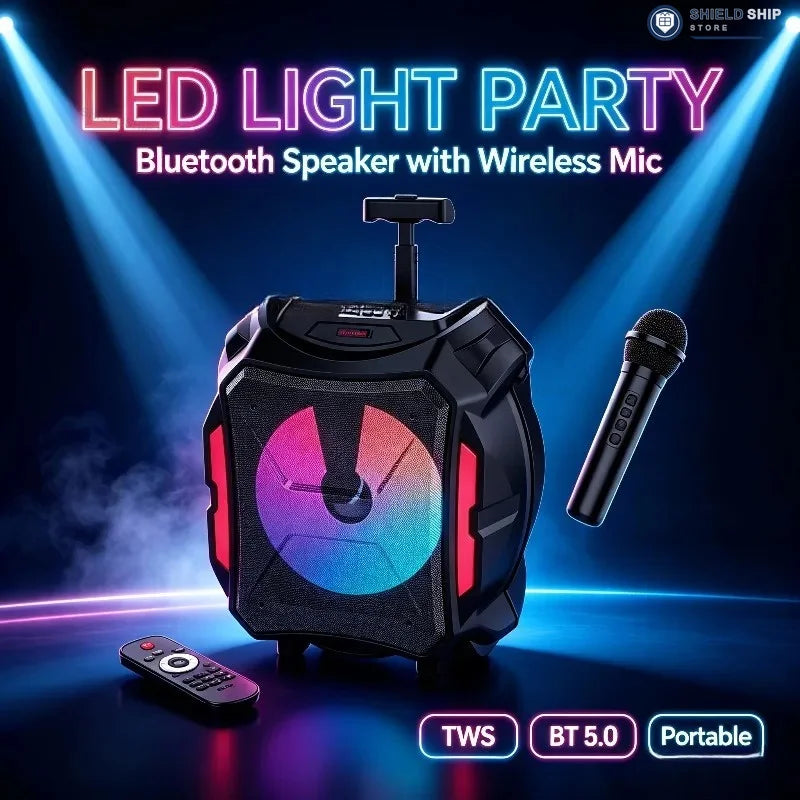 Altavoz Bluetooth de karaoke portátil, sonido estéreo TWS, luz LED, micrófono inalámbrico + control remoto, audio para fiestas al aire libre