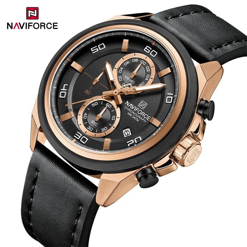 Reloj cronógrafo deportivo de lujo NAVIFORCE para hombre, resistente al agua 3ATM, militar, con manecillas luminosas, indicador de fecha y correa de cuero
