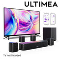 Sistema de barra de sonido negra con subwoofer y altavoces satélite, acabado texturizado