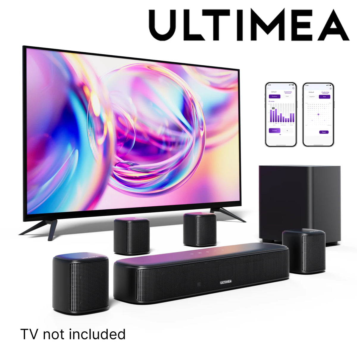 Sistema de barra de sonido negra con subwoofer y altavoces satélite, acabado texturizado