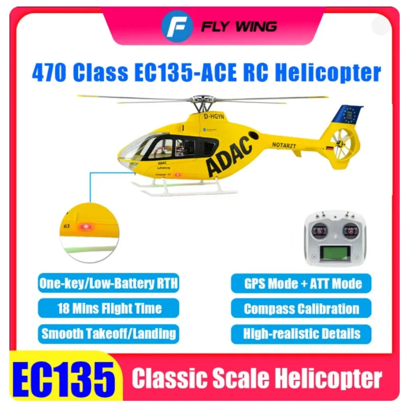 (Nuevo Color) Helicóptero RC Fly Wing EC-135 10CH con giroscopio de 6 ejes, GPS, batería de 5000mAh y control de vuelo ACE