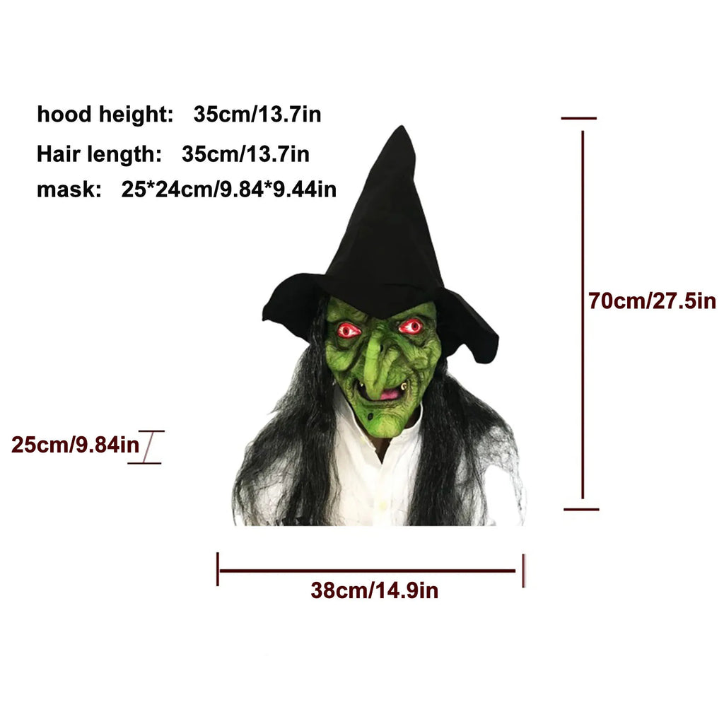 Máscara de bruja vieja de terror para Halloween con sombrero, Cosplay de payaso aterrador, Hag, máscaras de látex, cara verde, nariz grande, accesorios de fiesta de disfraces para mujeres mayores
