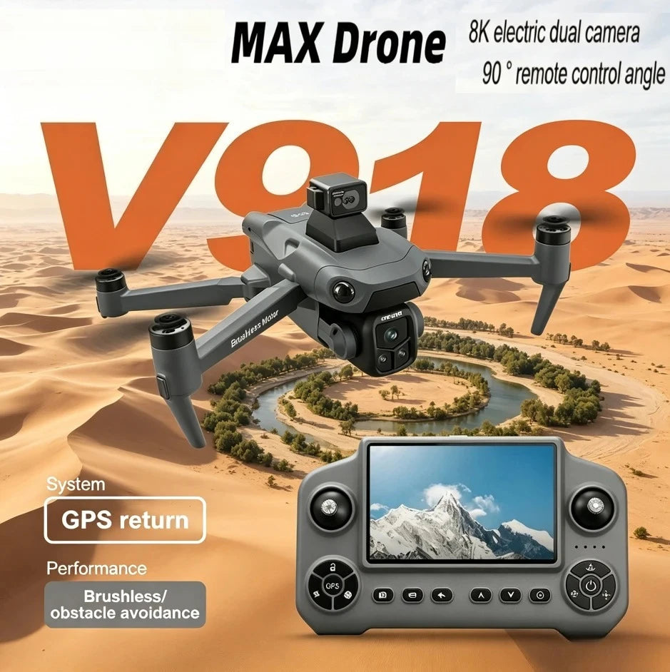 Dron gris plegable con cámara y control remoto, vista frontal con pantalla