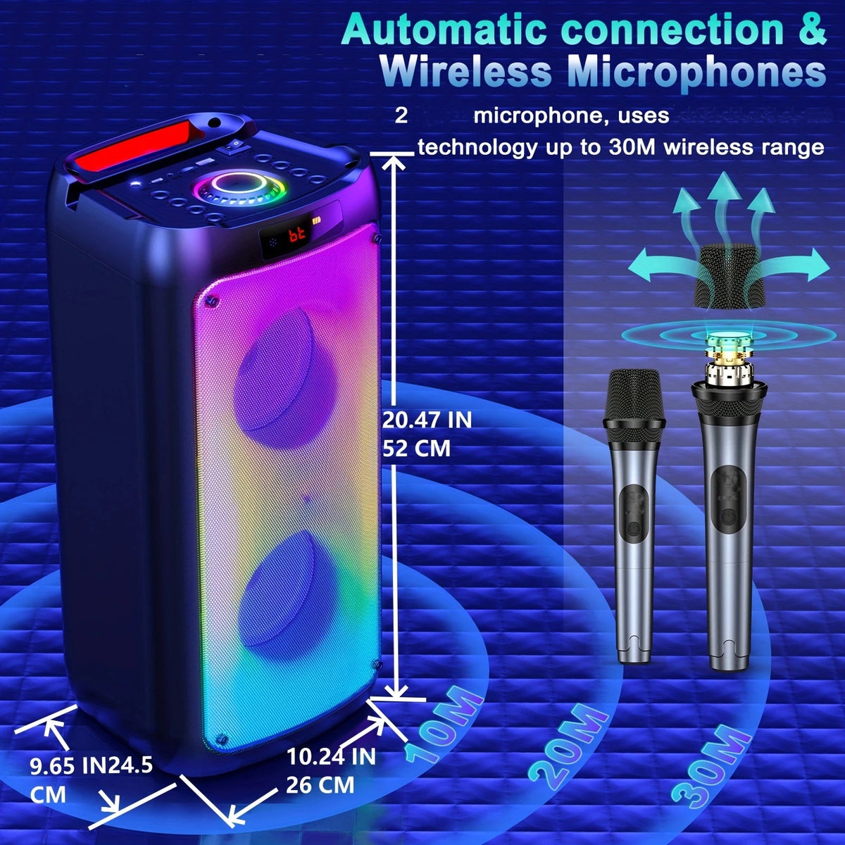 Altavoz Bluetooth inalámbrico, máquina de karaoke con 2 micrófonos, sistema de karaoke para el hogar con luz LED para fiestas, control remoto