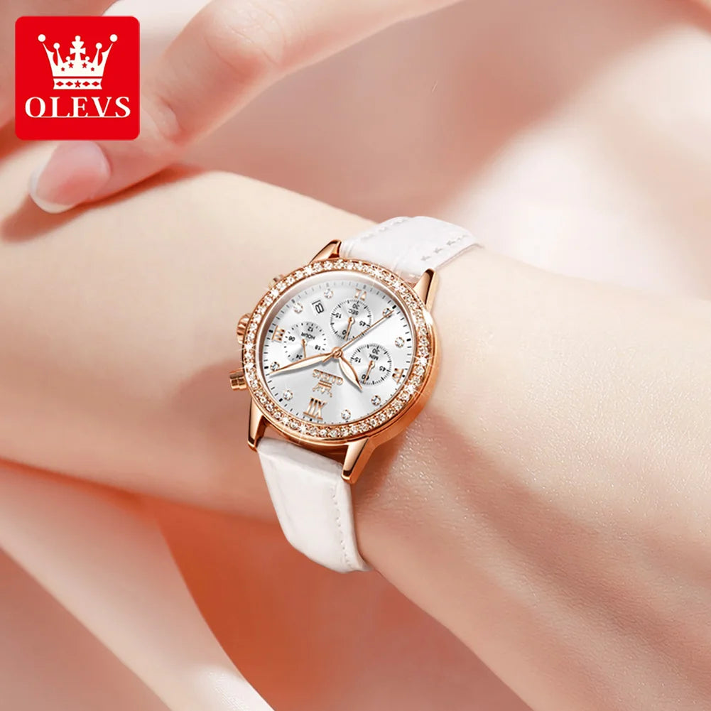 Reloj para mujer OLEVS 9933, marca de lujo, reloj de pulsera de cuarzo con diamantes, resistente al agua, luminoso, correa de cuero, reloj multifunción para dama