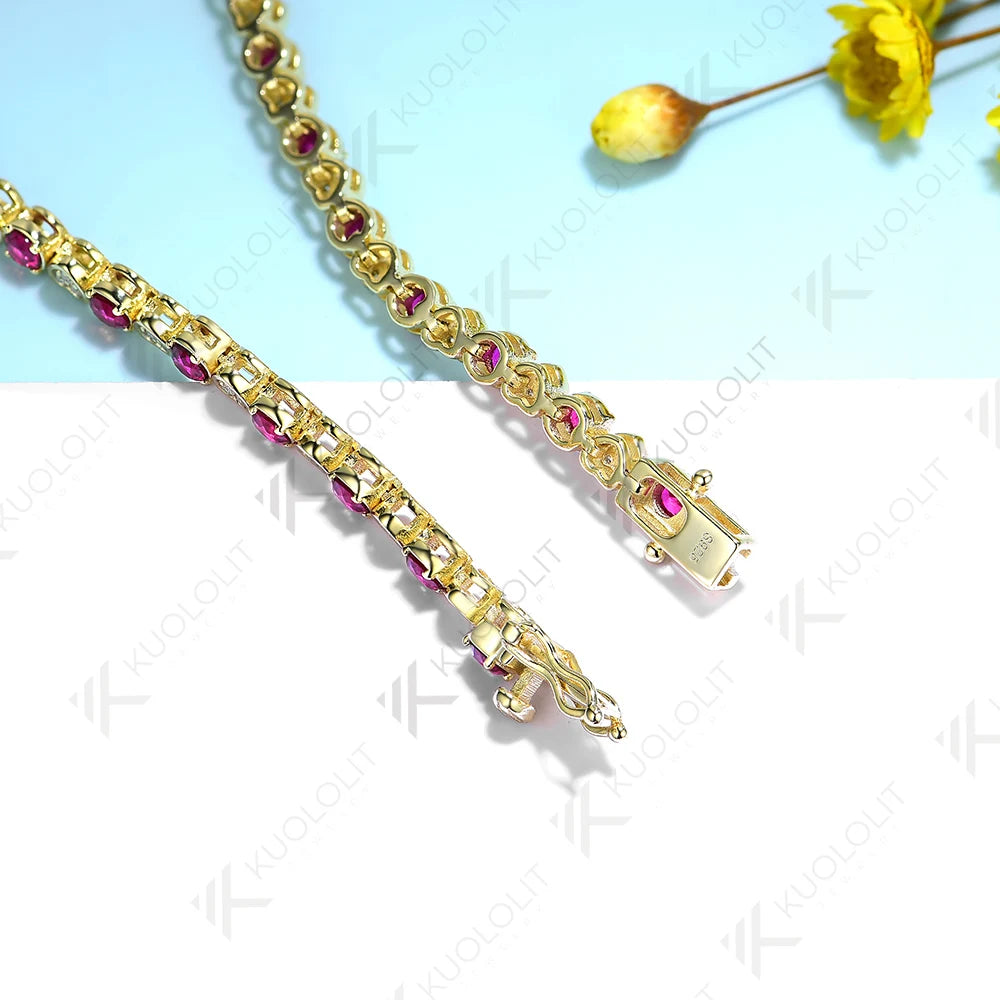 Kuololit Pulsera de tenis de rubí cultivada en laboratorio para mujeres y hombres, pulsera de moissanita de oro amarillo sólido de 18 quilates, 14 quilates, 10 quilates, 585 para regalos de navidad
