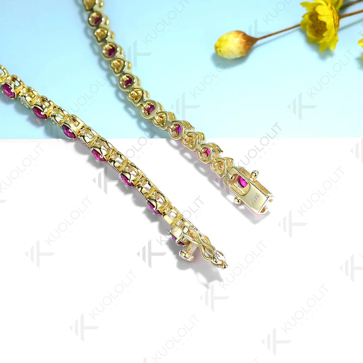 Kuololit Pulsera de tenis de rubí cultivada en laboratorio para mujeres y hombres, pulsera de moissanita de oro amarillo sólido de 18 quilates, 14 quilates, 10 quilates, 585 para regalos de navidad