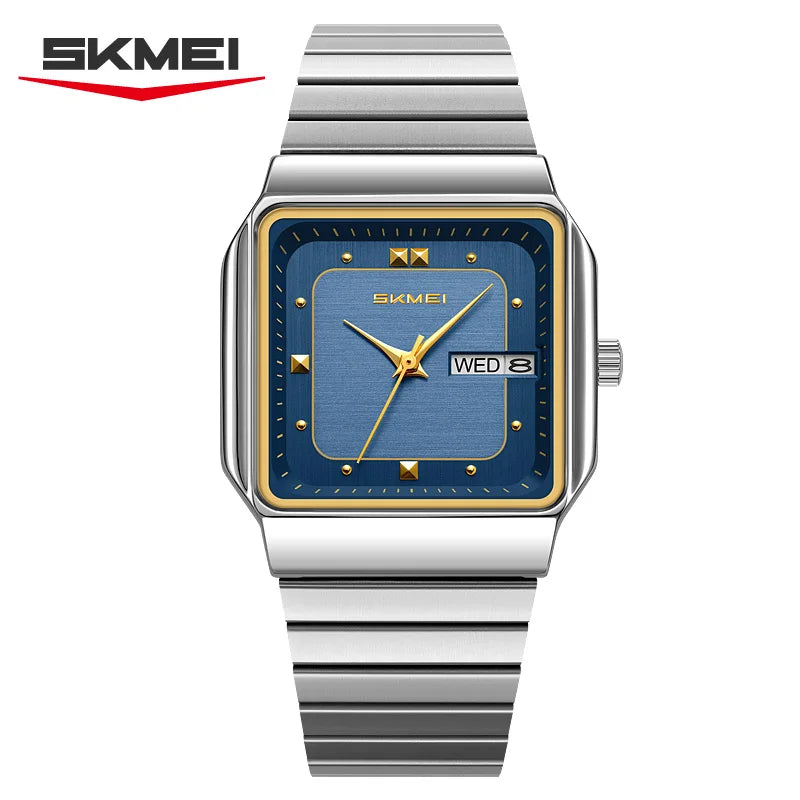 SKMEI 9414 Reloj de cuarzo para hombre con esfera cuadrada sencilla, calendario, semana y correa de acero inoxidable, reloj de negocios impermeable para hombre