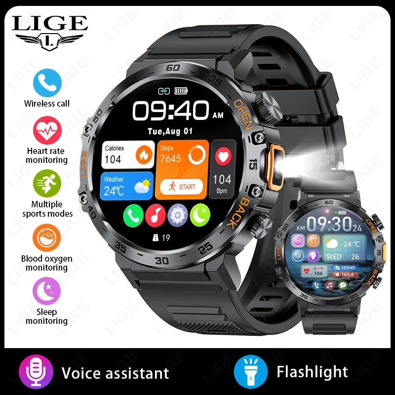 LIGE 2026 Smart Watch Men Sport Watches LED Flashlight 360*360 Ultra HD Screen Waterproof Fitness Bluetooth Call Men Smartwatch